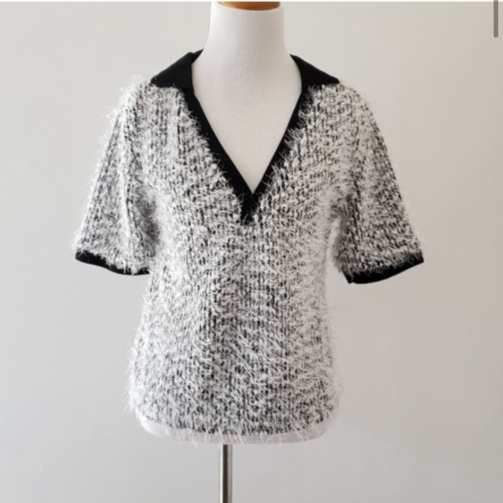 Zara eyelash knit cropped B&W shortsleeve sweater